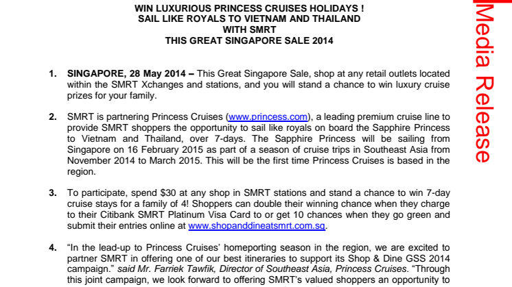 WIN LUXURIOUS PRINCESS CRUISES HOLIDAYS! SAIL LIKE ROYALS TO VIETNAM AND THAILAND WITH SMRT THIS GREAT SINGAPORE SALE 2014