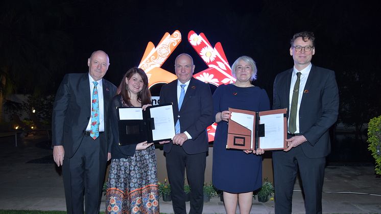 Freddy Svane (Danmarks ambassadør i Indien), Shannon Olsson (Global Director, echo network), Søren Gade (Folketingets formand), Christina Egelund (uddannelses- og forskningsminister), Jakob Ørberg (afdelingsleder, Novo Nordisk Fonden).