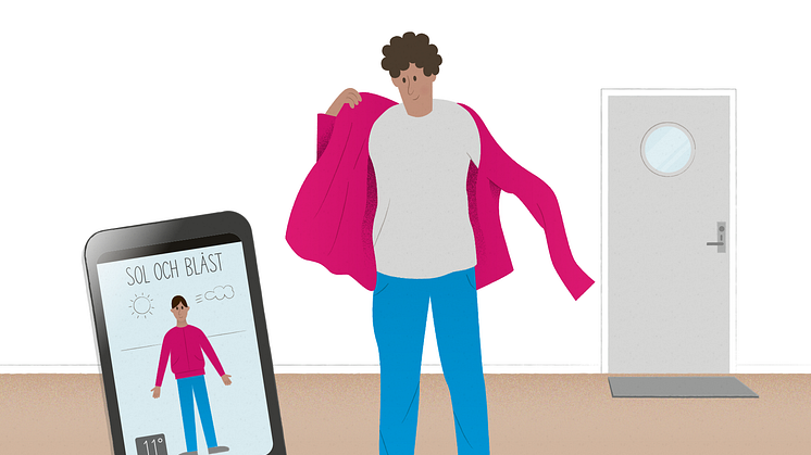 Appar som tipsar om vilka kläder som lämpar sig för dagen är exempel på digital teknik som kan bidra till delaktighet, självbestämmande och självständighet för personer med funktionsnedsättning. Illustration: Åsa Klingberg