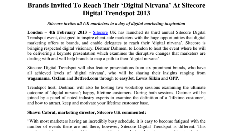 Brands Invited To Reach Their ‘Digital Nirvana’ At Sitecore Digital Trendspot 2013