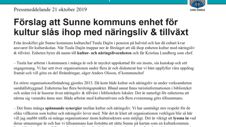 Förslag att Sunne kommuns enhet för kultur slås ihop med näringsliv & tillväxt 