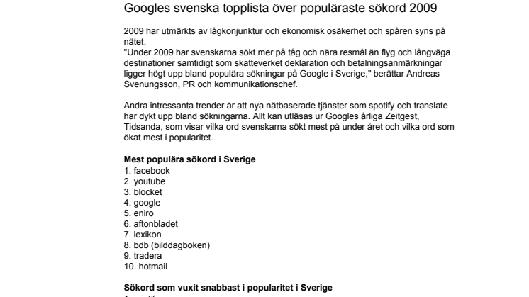 Googles svenska topplista över populäraste sökord 2009