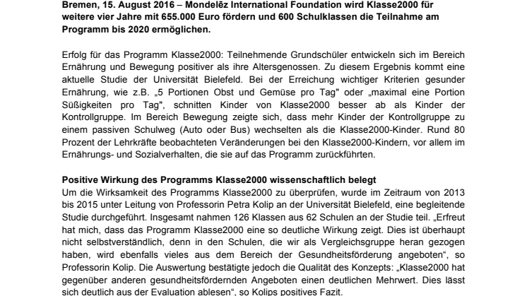 Studie der Universität Bielefeld belegt: Unterrichtsprogramm Klasse2000 wirkt positiv auf Ernährungs- und Bewegungsverhalten von Grundschulkindern