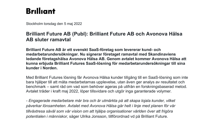 Brilliant Future AB (Publ)_Brilliant Future AB och Avonova Hälsa AB sluter ramavtal_pressmeddelande.pdf