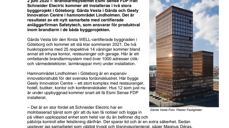 Uppkopplade brandlarmsystem från Schneider Electric installeras i nya byggnader i Göteborg