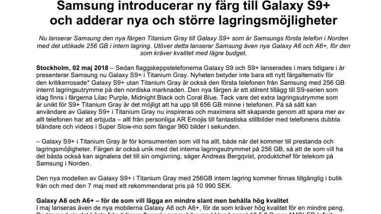 Samsung introducerar ny färg till Galaxy S9+ och adderar nya och större lagringsmöjligheter 