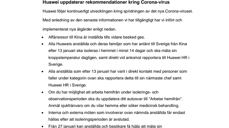 Huawei uppdaterar rekommendationer kring Corona-virus, 2020-02-27