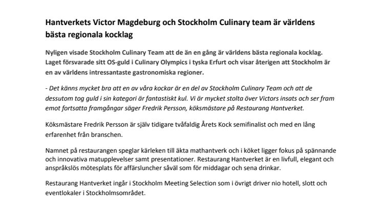 Hantverkets Victor Magdeburg och Stockholm Culinary team är världens bästa regionala kocklag