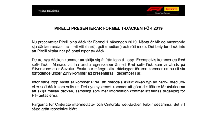 Pirelli presenterar Formel 1-däcken för 2019