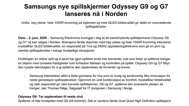 Samsungs nye spillskjermer Odyssey G9 og G7 lanseres nå i Norden