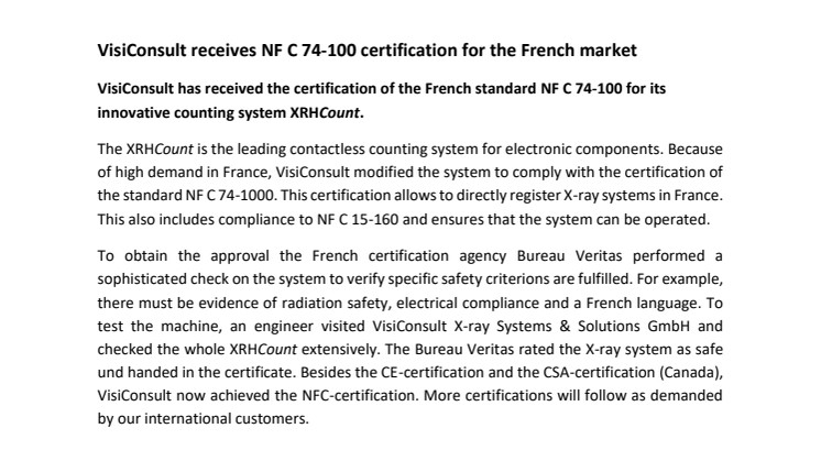 VisiConsult receives NF C 74-100 certification for the French market