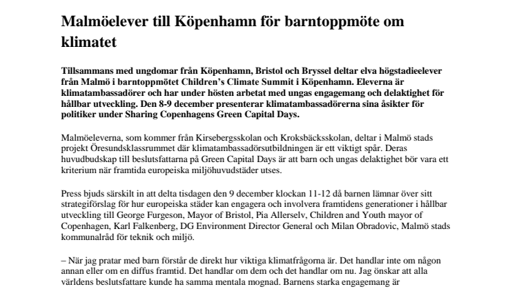 Pressinbjudan: Malmöelever till Köpenhamn för barntoppmöte om klimatet