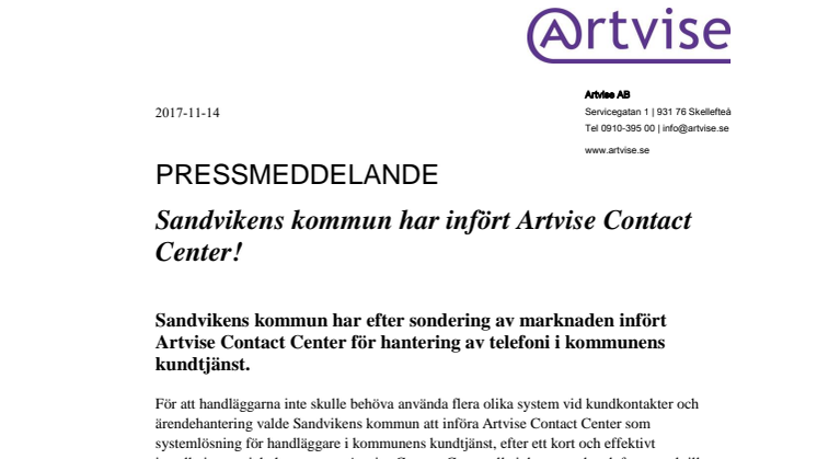Sandvikens kommun har infört Artvise Contact Center!