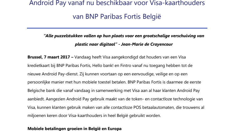 Android Pay vanaf nu beschikbaar voor Visa-kaarthouders van BNP Paribas Fortis België
