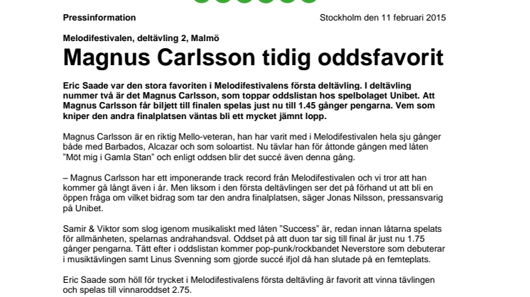 Melodifestivalen, deltävling 2, Malmö: Magnus Carlsson tidig oddsfavorit