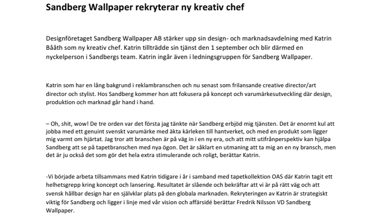 Sandberg Wallpaper rekryterar ny kreativ chef