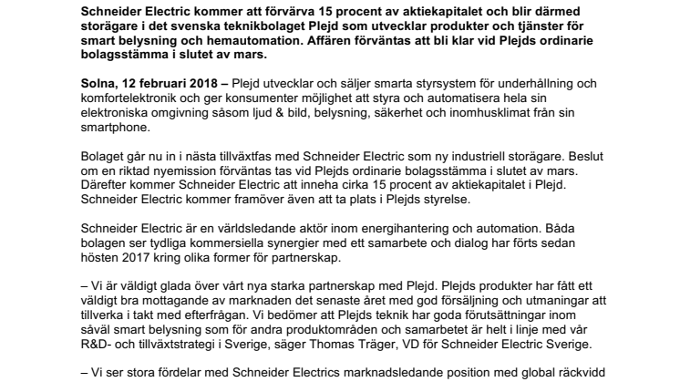 Schneider Electric kommer att investera i svenska Plejd