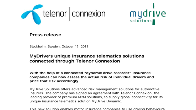 MyDrive’s unique insurance telematics solutions connected through Telenor Connexion