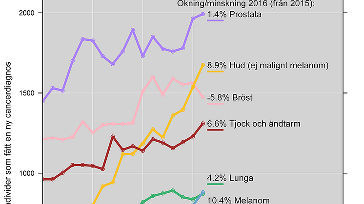 Antal individer som fått en ny cancerdiagnos under 2016