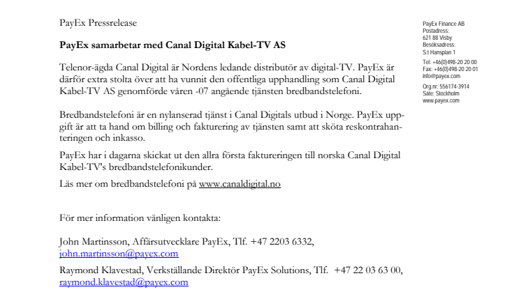 PayEx samarbetar med Canal Digital 