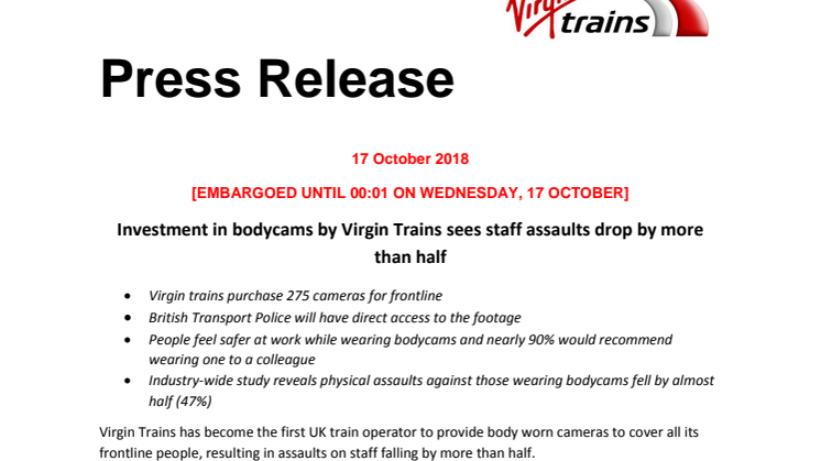 Investment in bodycams by Virgin Trains sees staff assaults drop by more than half