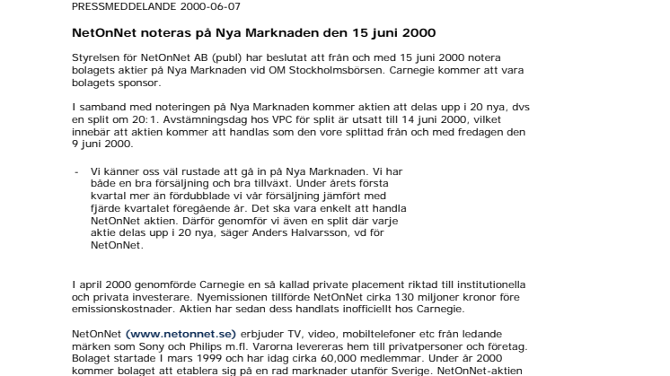 NetOnNet noteras på Nya Marknaden den 15 juni 2000