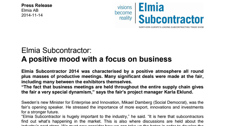 Elmia Subcontractor: A positive mood with a focus on business
