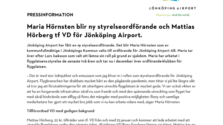 Maria Hörnsten blir ny styrelseordförande och Mattias Hörberg tf VD för Jönköping Airport