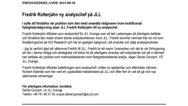 Fredrik Kolterjahn ny analyschef på JLL