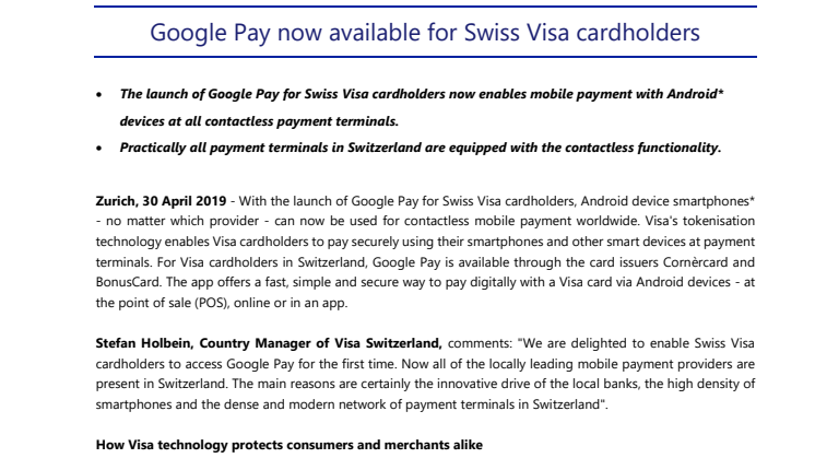 Google Pay now available for Swiss Visa cardholders