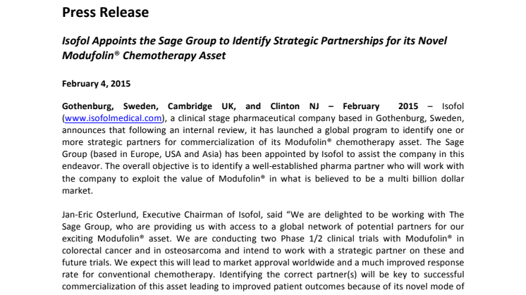 Isofol Appoints the Sage Group to Identify Strategic Partnerships for its Novel Modufolin® Chemotherapy Asset