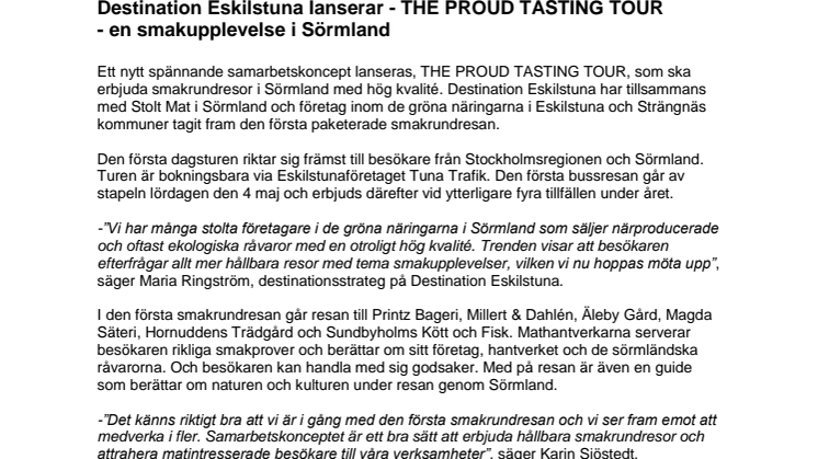 Destination Eskilstuna lanserar - THE PROUD TASTING TOUR - en smakupplevelse i Sörmland