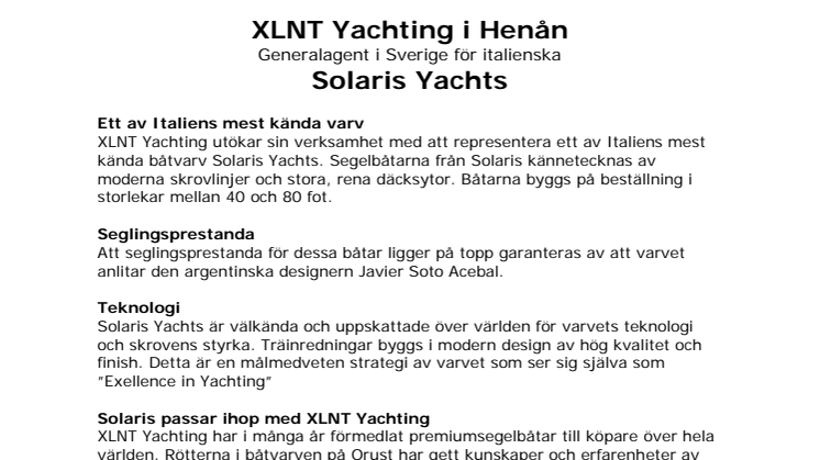 XLNT Yachting in Henan on Orust is new general agent in Sweden for Italian Solaris Yachts