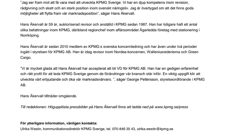 Hans Åkervall ny VD för KPMG AB