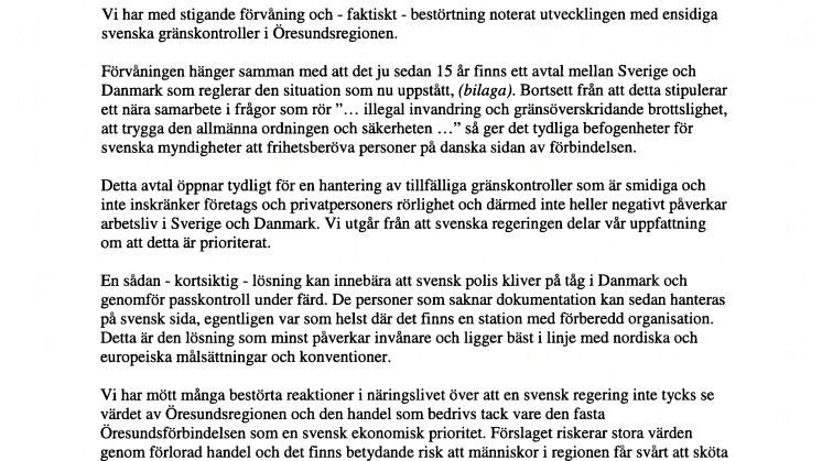 Brev till statsminister Stefan Löfven angående Öresundsbron 
