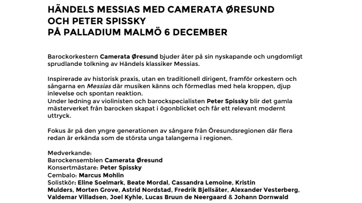 Händels Messias med Camerata Øresund och Peter Spissky på Palladium Malmö 6 december