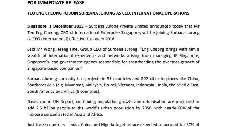 Mr Teo Eng Cheong to join Surbana Jurong as CEO, International Operations