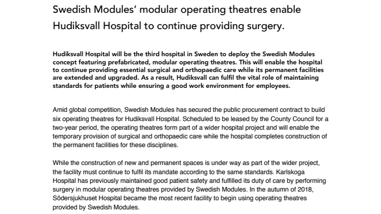 Hudiksvalls Lasarett säkerställer kirurgisk verksamhet med Swedish Modules modulära operationssalar