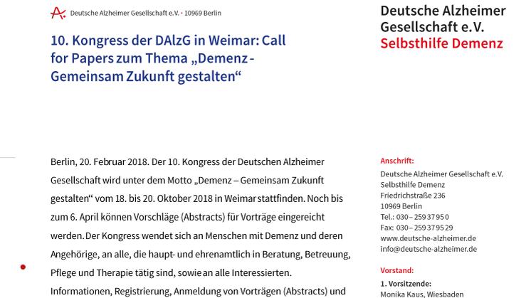 10. Kongress der DAlzG in Weimar: Call for Papers zum Thema „Demenz - Gemeinsam Zukunft gestalten“