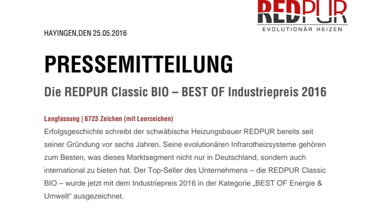Die HALLER Classic BIO –  BEST OF Industriepreis 2016