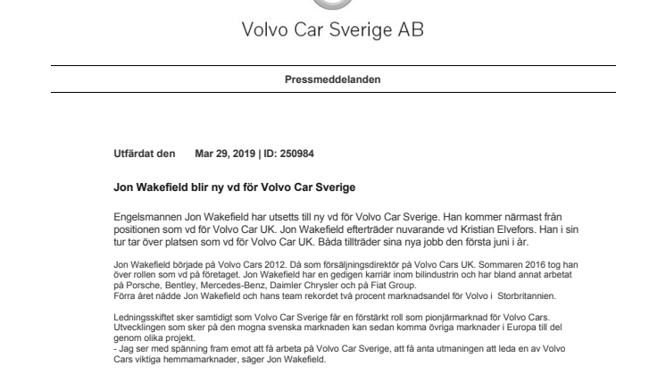 Jon Wakefield blir ny vd för Volvo Car Sverige