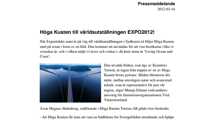 Höga Kusten till världsutställningen EXPO2012!