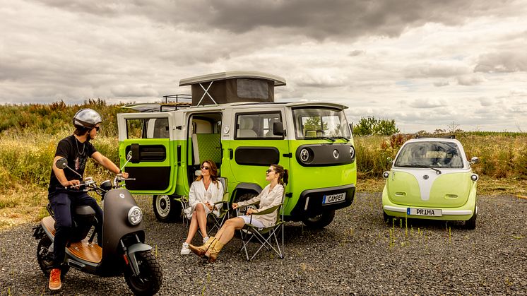 All electric: Nito Bike, XBUS Camper and Evetta. The current product range from ElectricBrands. Photo: ElectricBrands