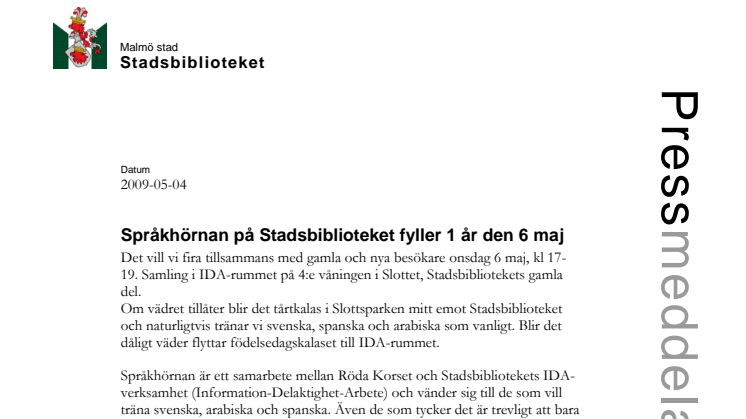 Språkhörnan på Stadsbiblioteket i Malmö fyller 1 år den 6 maj