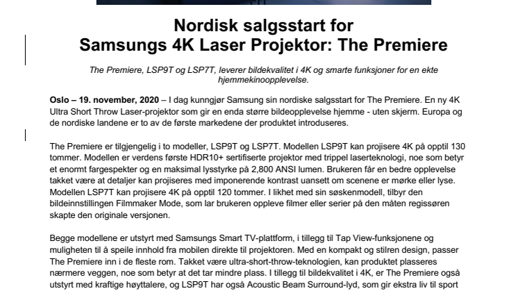 Nordisk salgsstart for  Samsungs 4K Laser Projektor: The Premiere