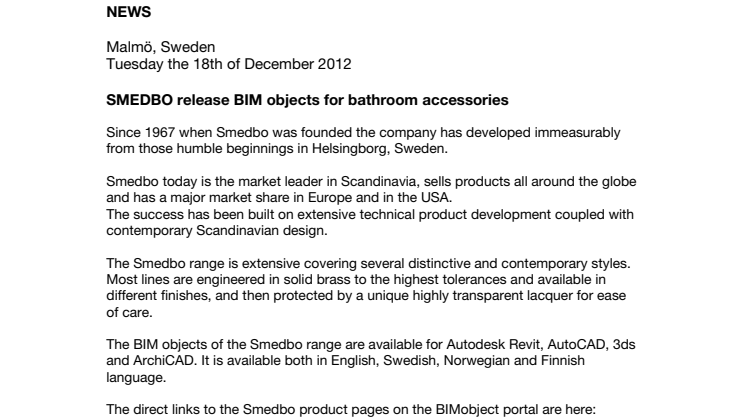 SMEDBO release BIM objects for bathroom accessories