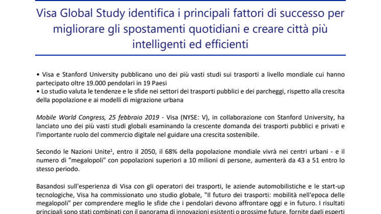 Visa Global Study identifica i principali fattori di successo per migliorare gli spostamenti quotidiani e creare città più intelligenti ed efficienti