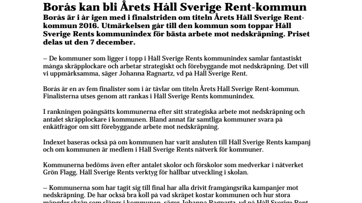 Borås kan bli Årets Håll Sverige Rent-kommun