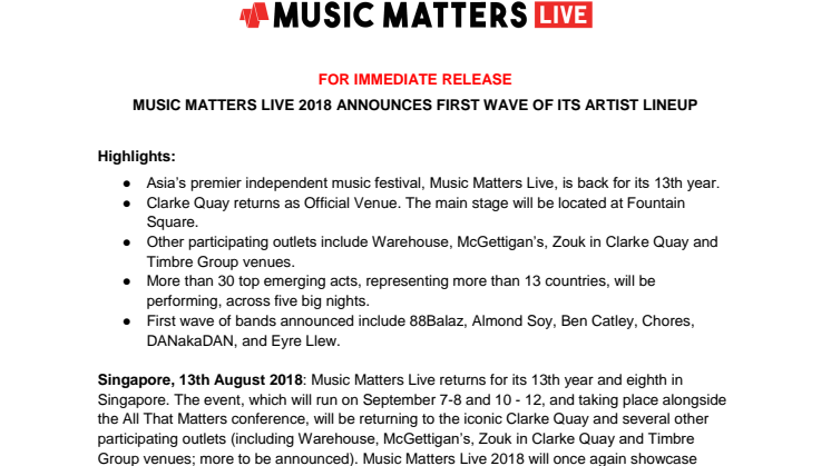 MUSIC MATTERS LIVE 2018 ANNOUNCES FIRST WAVE OF ITS ARTIST LINEUP