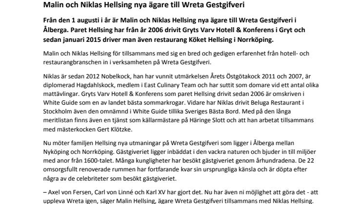 Malin och Niklas Hellsing nya ägare till Wreta Gestgifveri